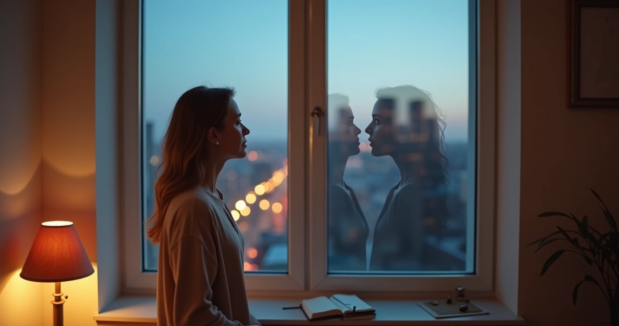 Woman looking at her reflection surrounded by subtle relationship silhouettes 