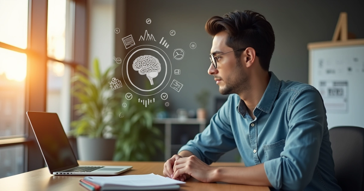 Professional reflecting at desk with overlay of mind and performance icons 