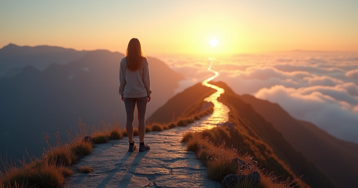 Person standing on a mountain path facing a branching luminous trail in the sky 