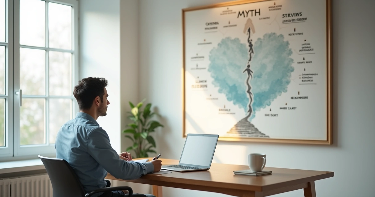 Professional reflecting at crossroads mural about self-leadership myths 