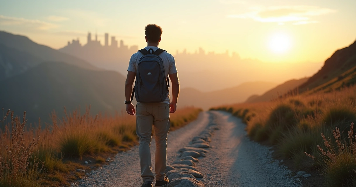 Person on mountain path choosing direction with city skyline ahead 