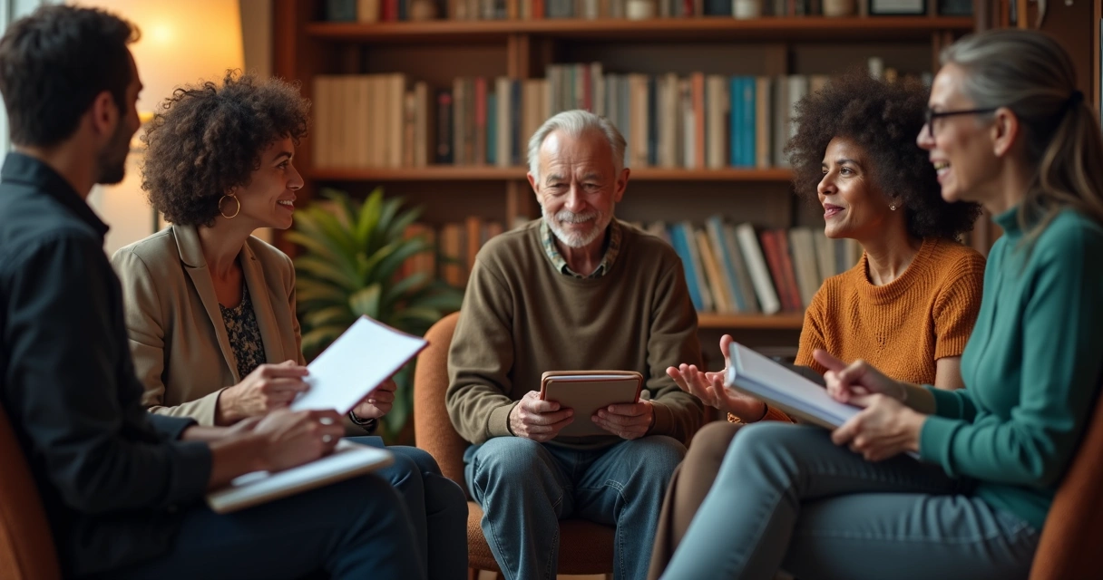 People seated in a circle sharing ideas and supporting each other 
