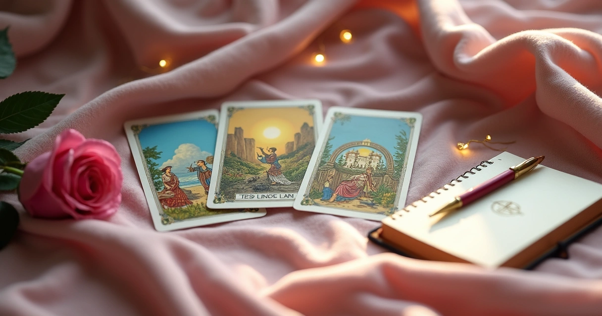 Three tarot cards laid side by side on a soft pink cloth, with a delicate rose and a journal pen resting nearby 