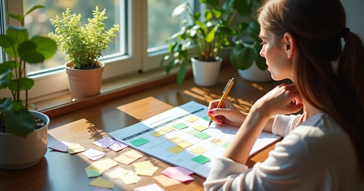 Woman organizing calendar with daily habits 