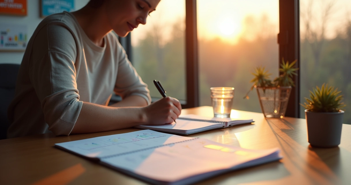 Person calmly organizing tasks while chaotic motivation posters blur in the background 