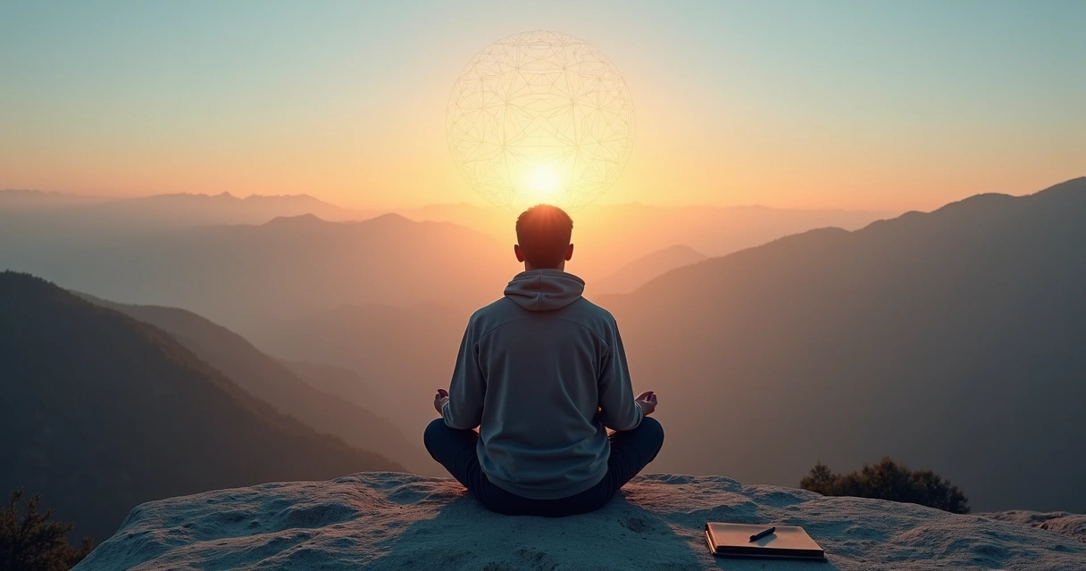 Person reflecting on self-mastery on a mountain at sunrise 