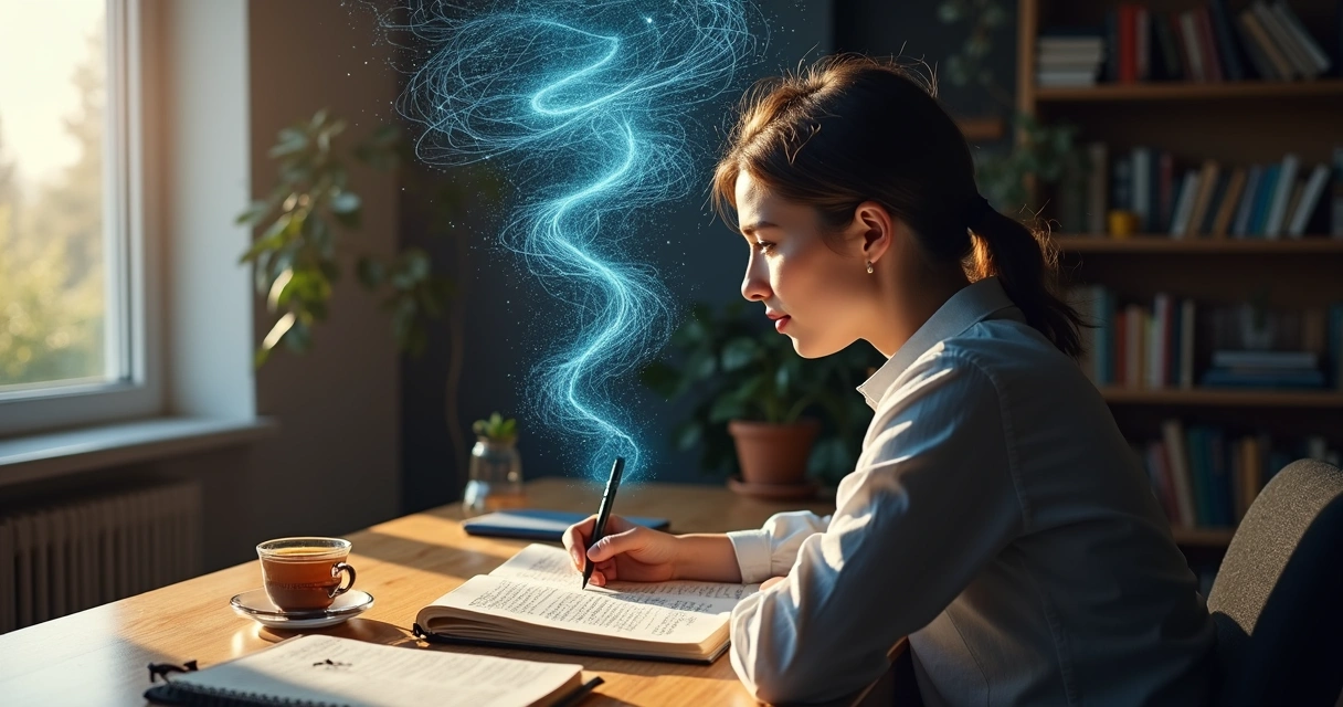 Person writing their life story with a luminous labyrinth emerging from their head 