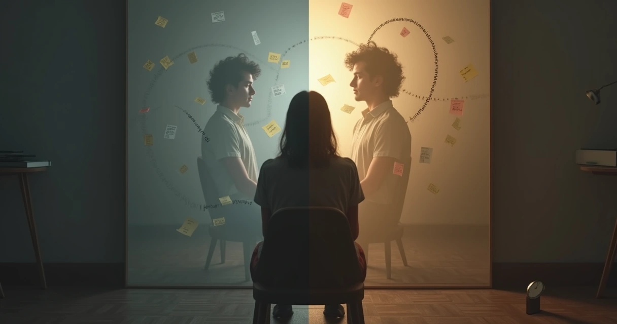 Person observing own reflection split between automatic patterns and conscious awareness 