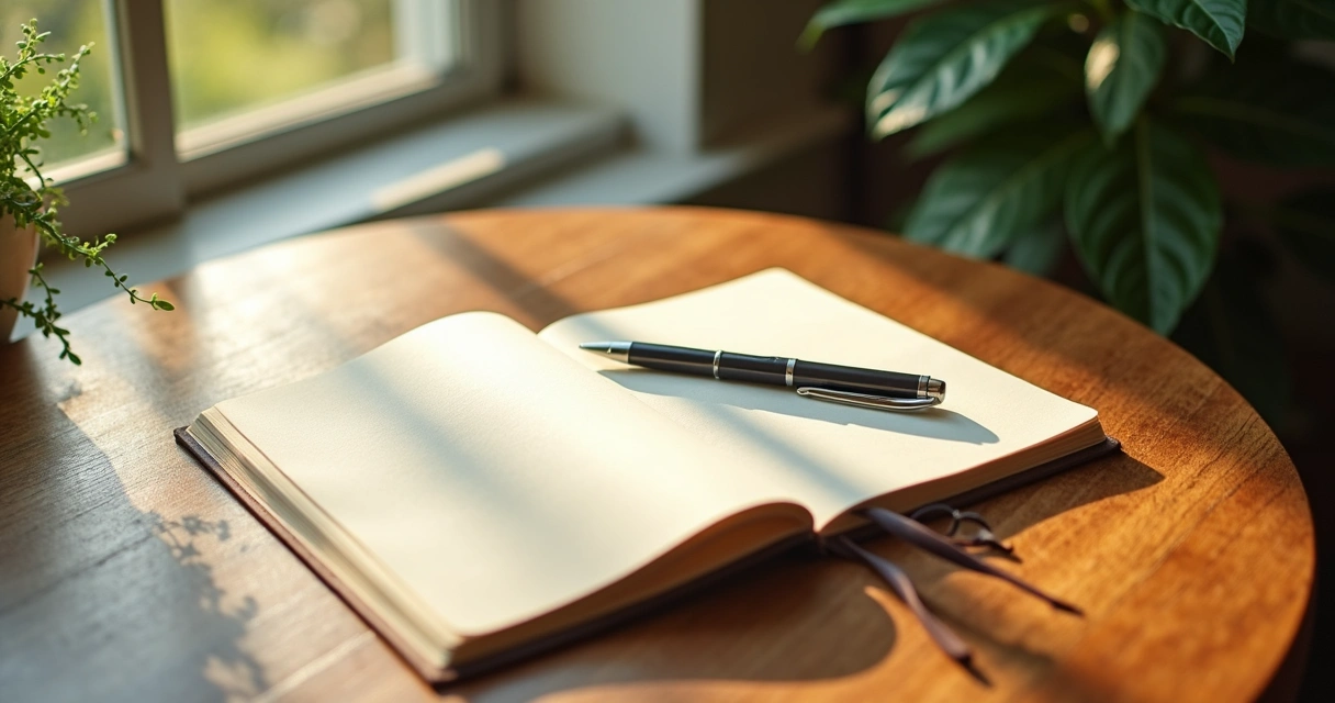 Journal and pen on a wooden table with light coming through a window, suggesting morning reflection.