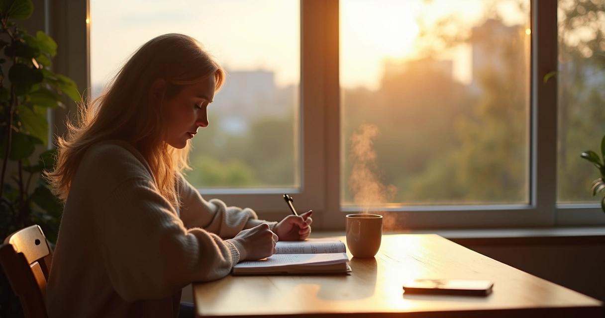 Person journaling by a window practicing self-observation 