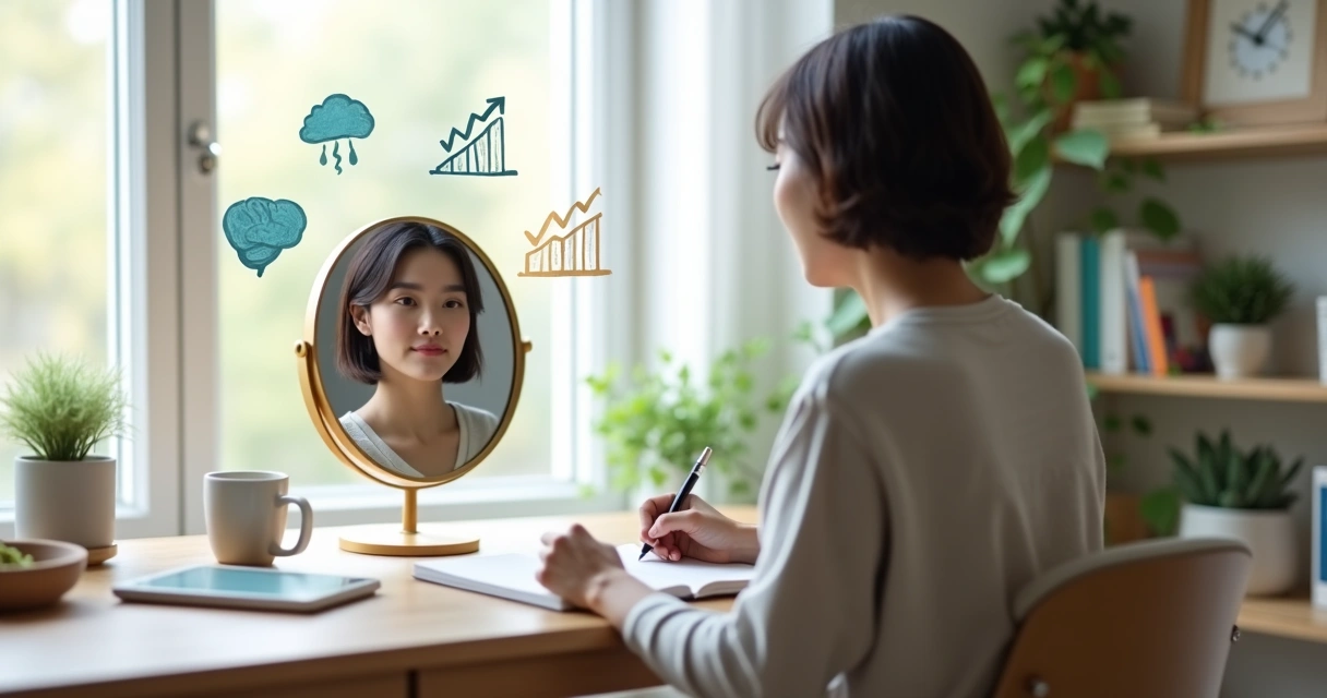 Person observing their reflection in a mirror surrounded by abstract emotion icons 