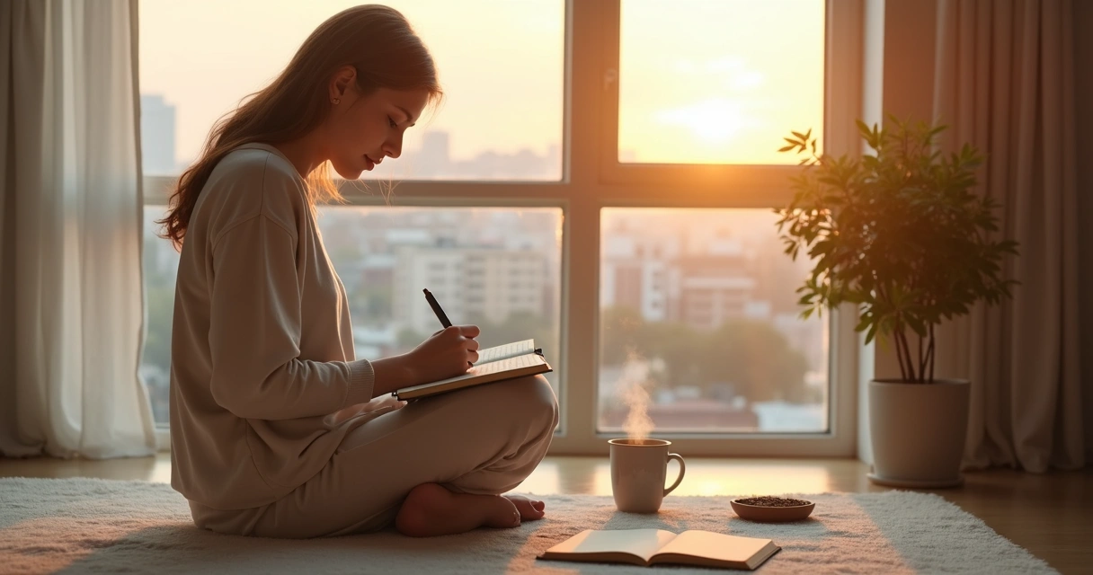 Person journaling by a window with soft morning light and calm reflections 