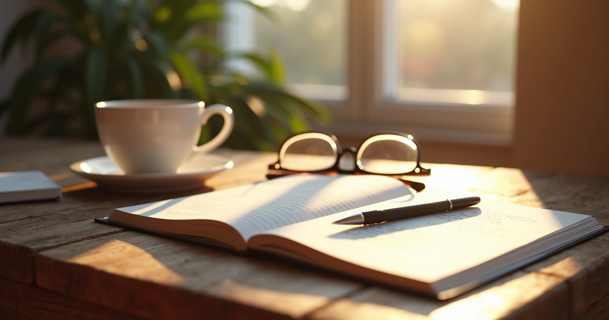 Open journal and pen on a wooden table with coffee cup 