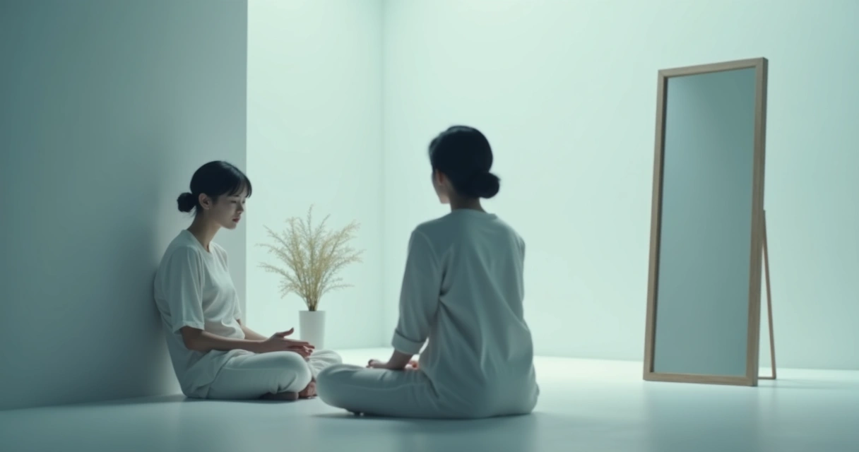 Person looking at their reflection in a mirror, appearing thoughtful