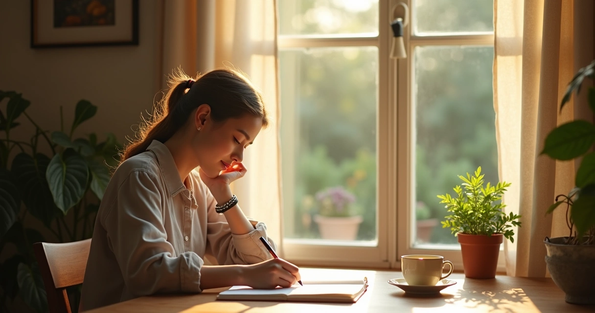 Person sitting by a window, writing in a journal with sunlight streaming in 