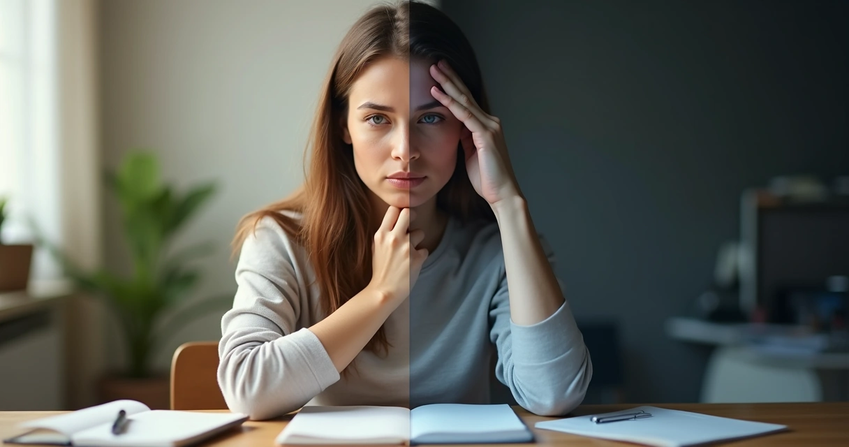 Split portrait showing calm self-observation on one side and harsh self-judgment on the other 
