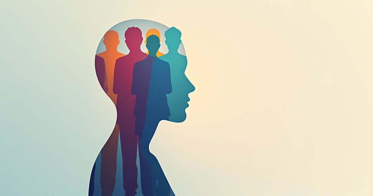 Multiple inner parts symbolized as transparent figures layered inside a human silhouette 