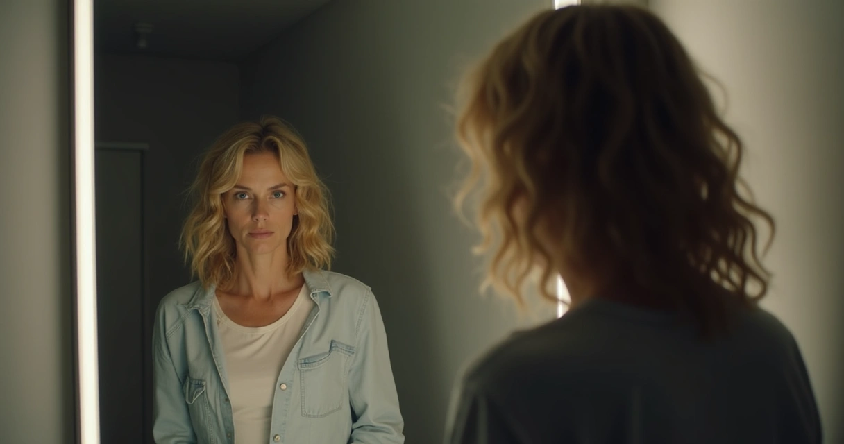 Person looking at a mirror with a reflection showing a distorted self-image