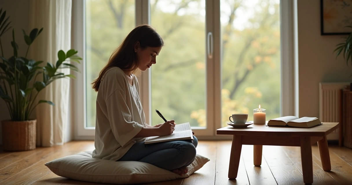Person sitting by a window journaling in a calm minimalist room 