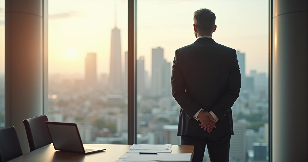 Business leader reflecting while looking out window 