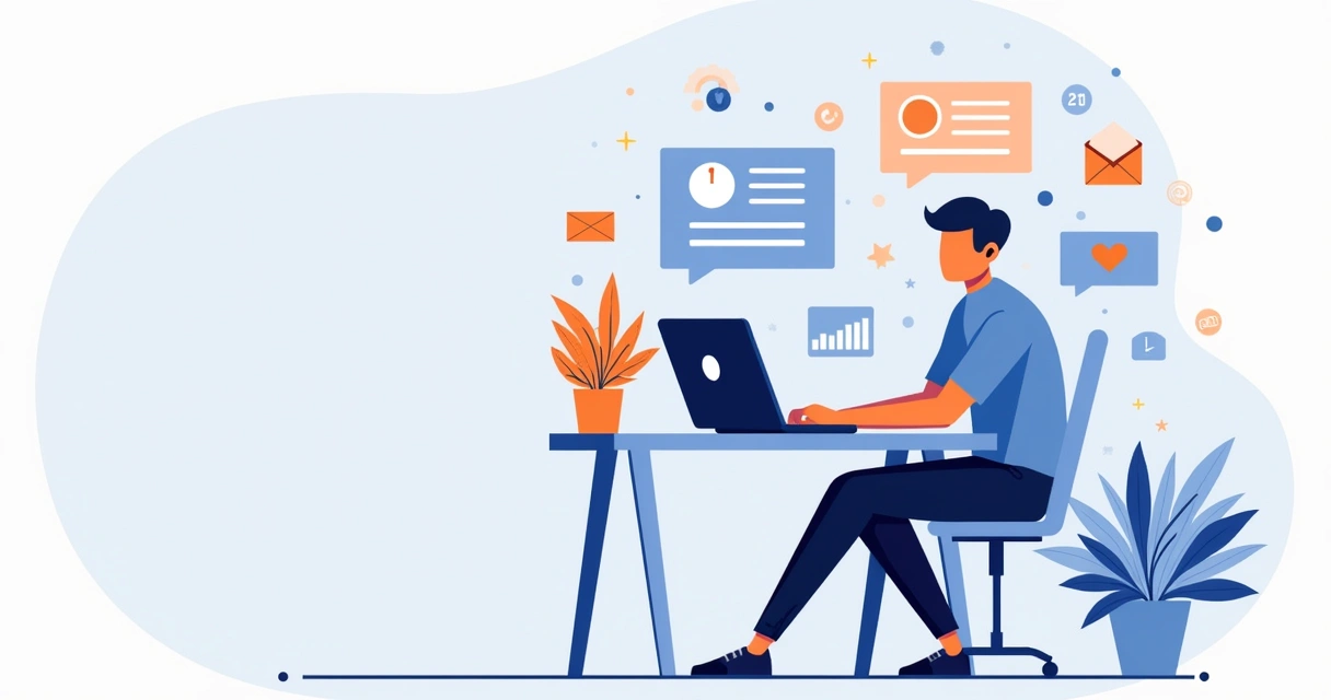 Person updating goals on laptop with reflection icons