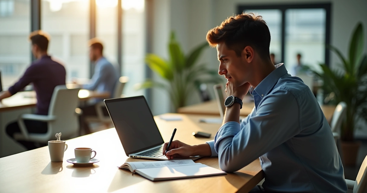 Professional sitting at office desk pausing to self-reflect with notebook and laptop 