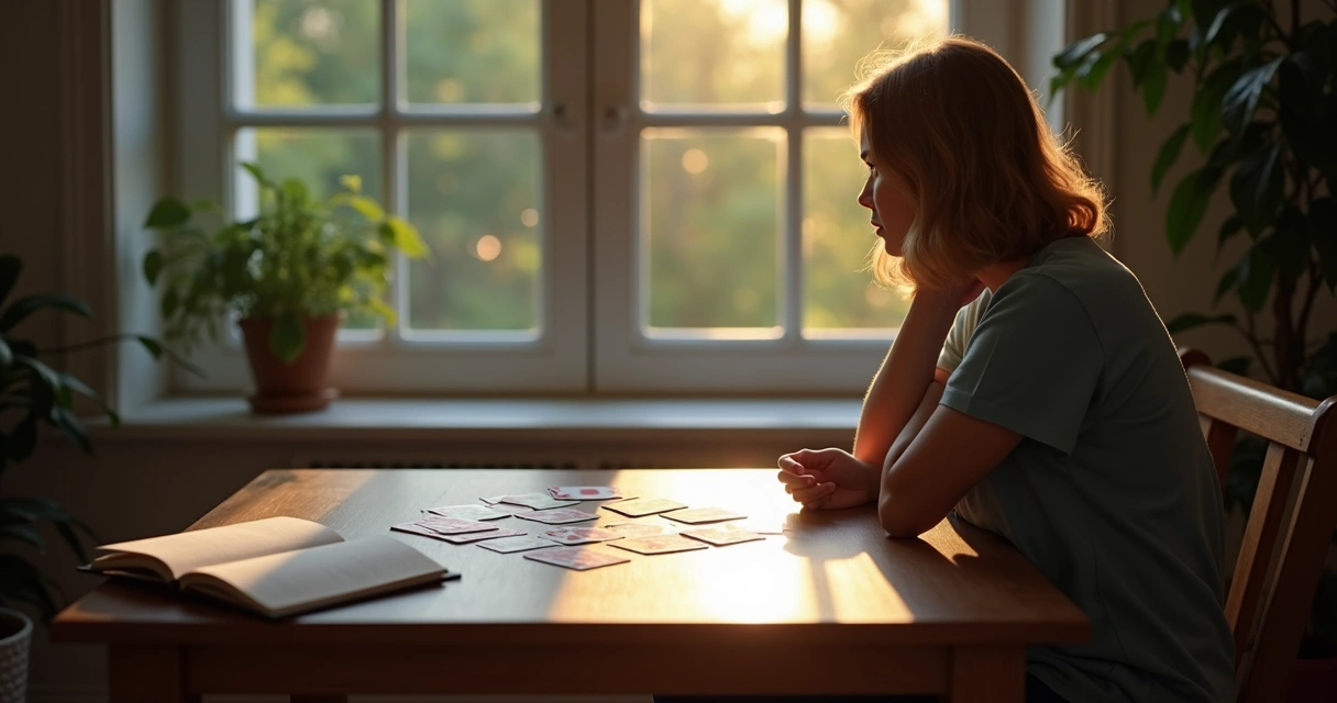 Person reflecting with cards laid out 