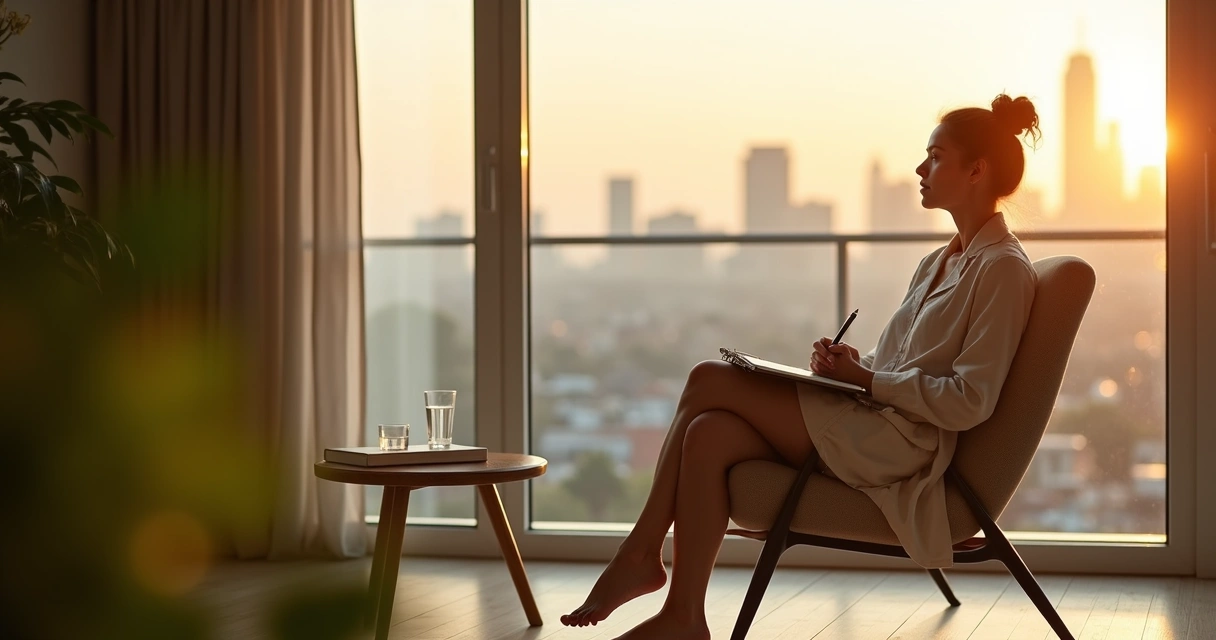 Woman reflecting by a window at sunrise with city skyline in background 