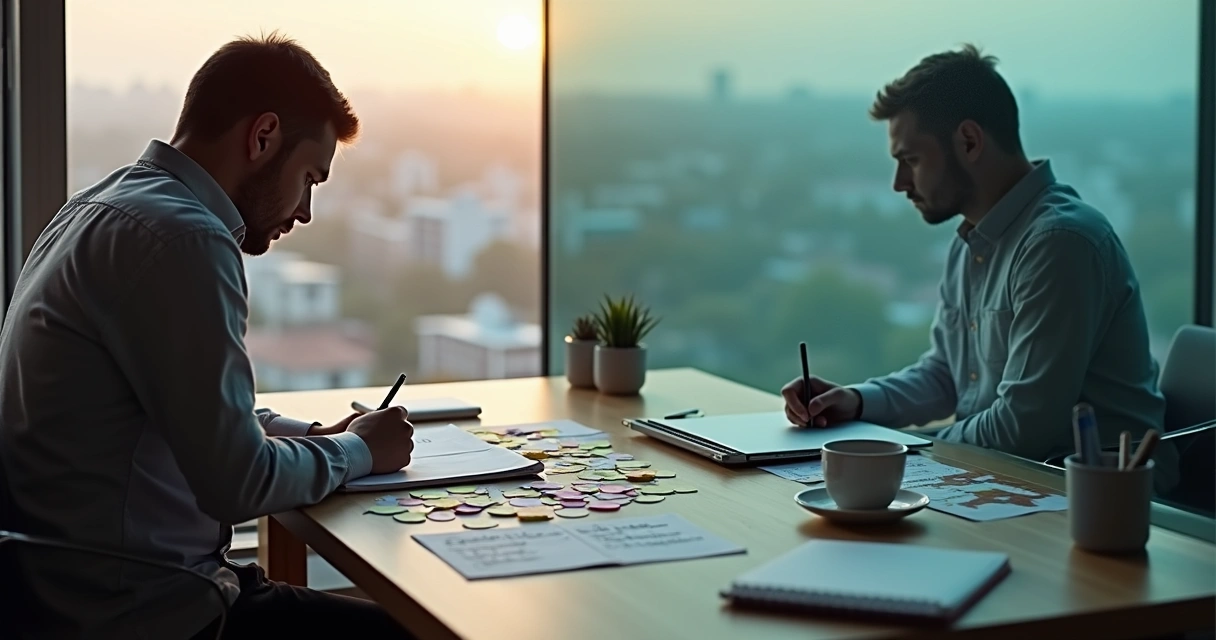 Person at desk reflected in window choosing between tangled and clear path 