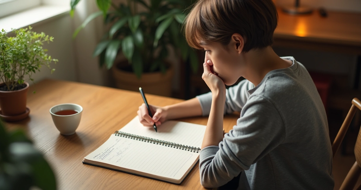 Person sitting at a desk with a notebook, reflecting and writing 