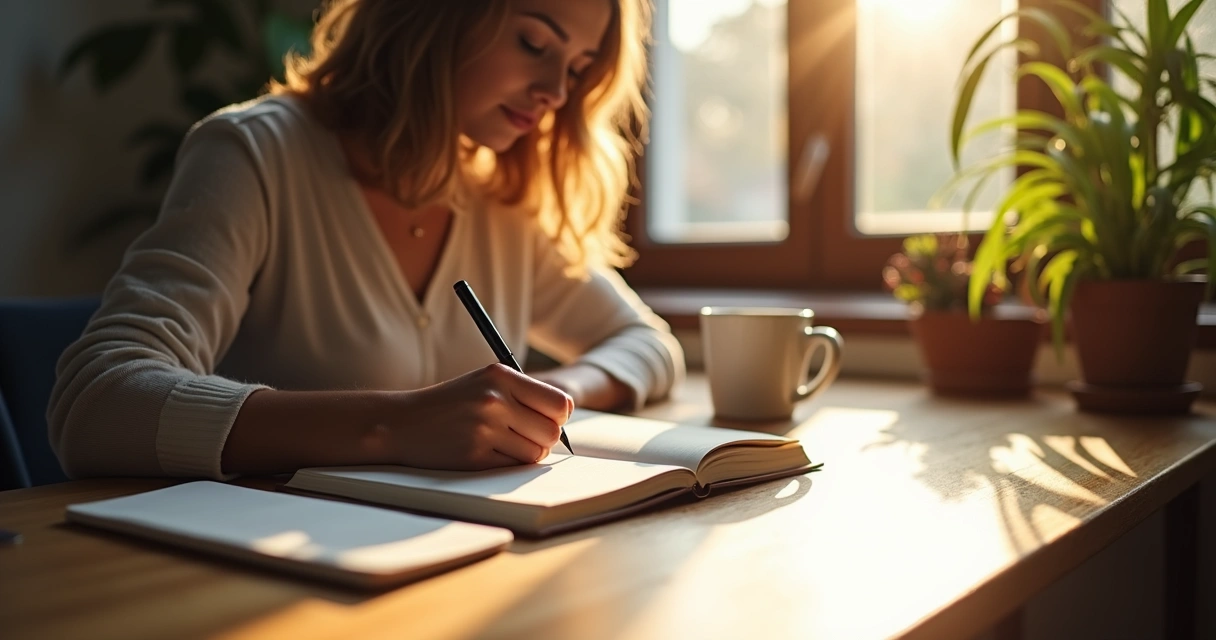 Person reflecting at a desk with journal and coffee