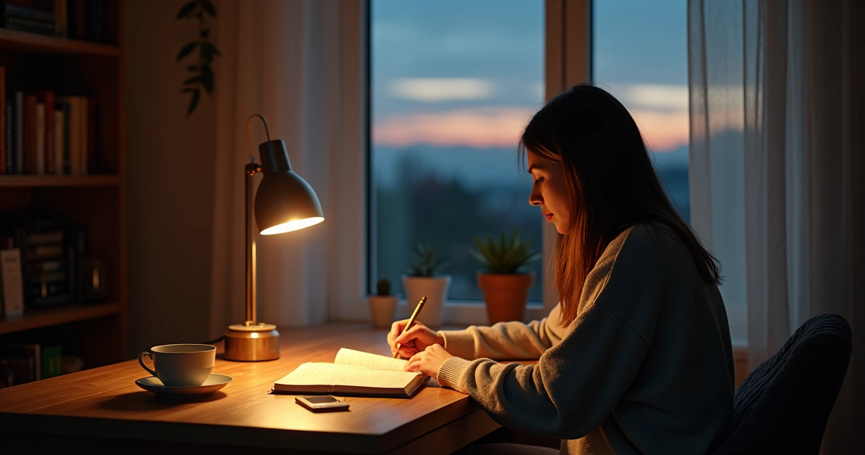 Person reflecting quietly in evening with journal and soft lighting 