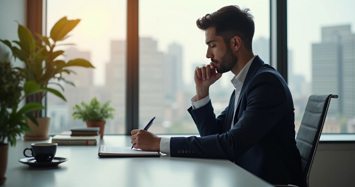 Professional reflecting at a desk with city view, symbolizing personal growth and leadership 