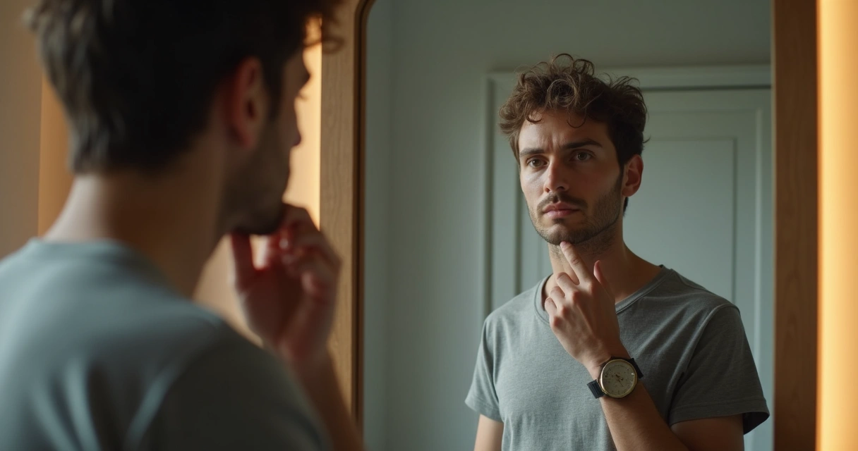 Person thoughtfully looking into a mirror, reflecting on their own thoughts 