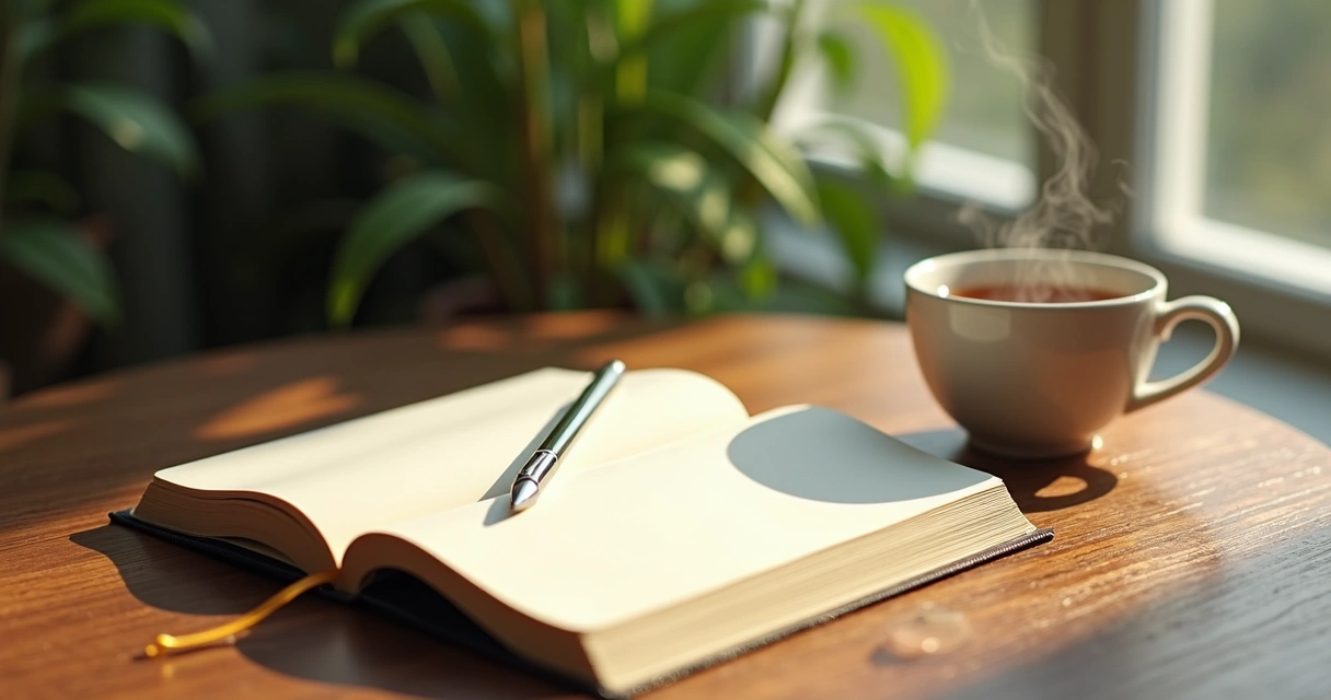 Journal, pen, and cup of tea arranged neatly on a wooden table for self-reflection 
