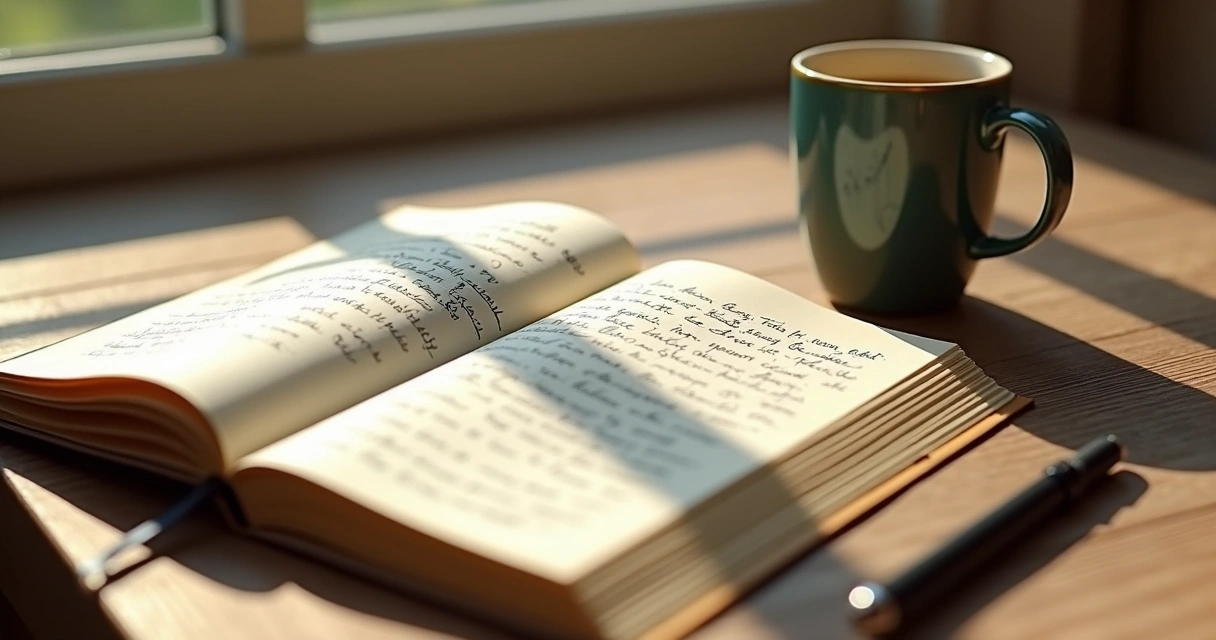 Open journal with handwritten reflections and a mug of coffee 