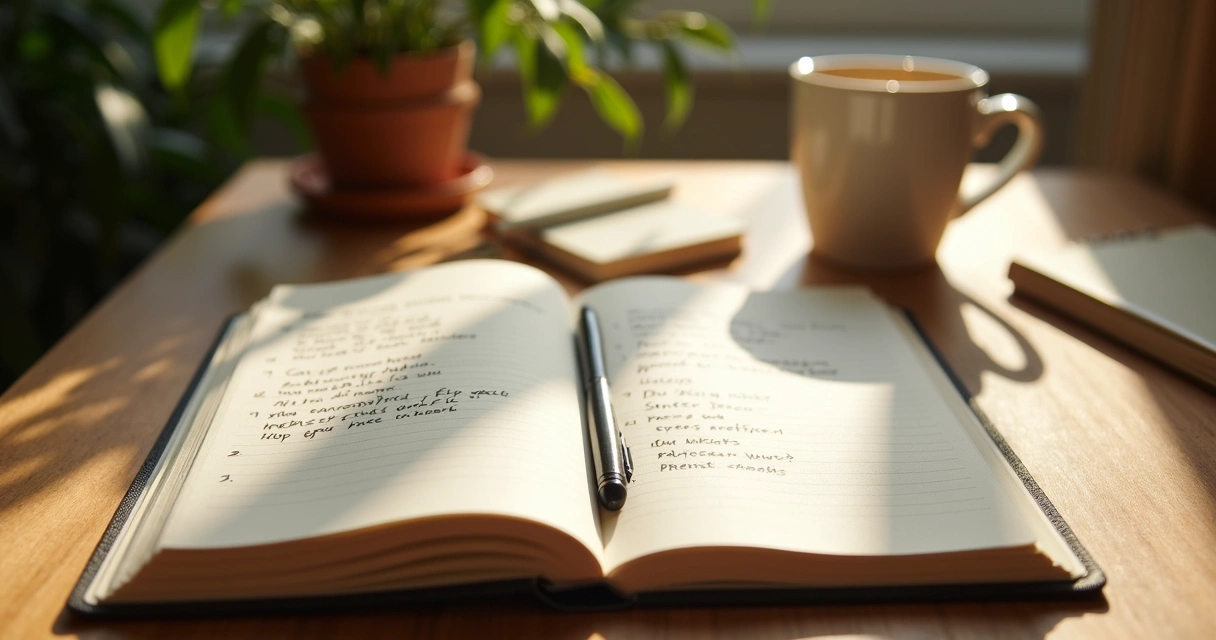 Journal and pen on table with sunlight highlighting written notes 