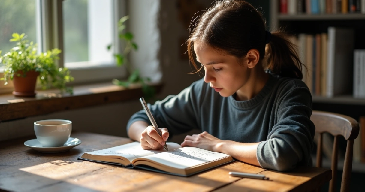 Open notebook with handwritten notes and pen on wooden table 