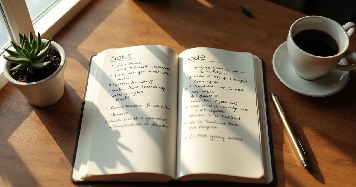 Notebook, pen, and coffee cup on a wooden desk. 