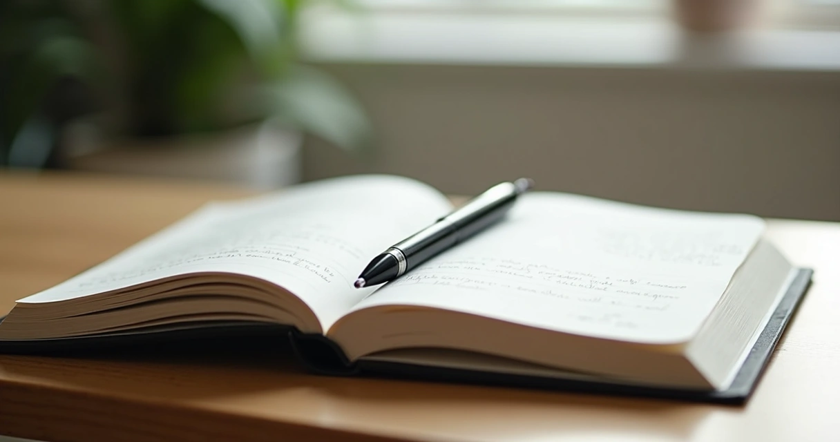 Open journal with handwritten notes and a pen, lying on a wooden desk with a calming background