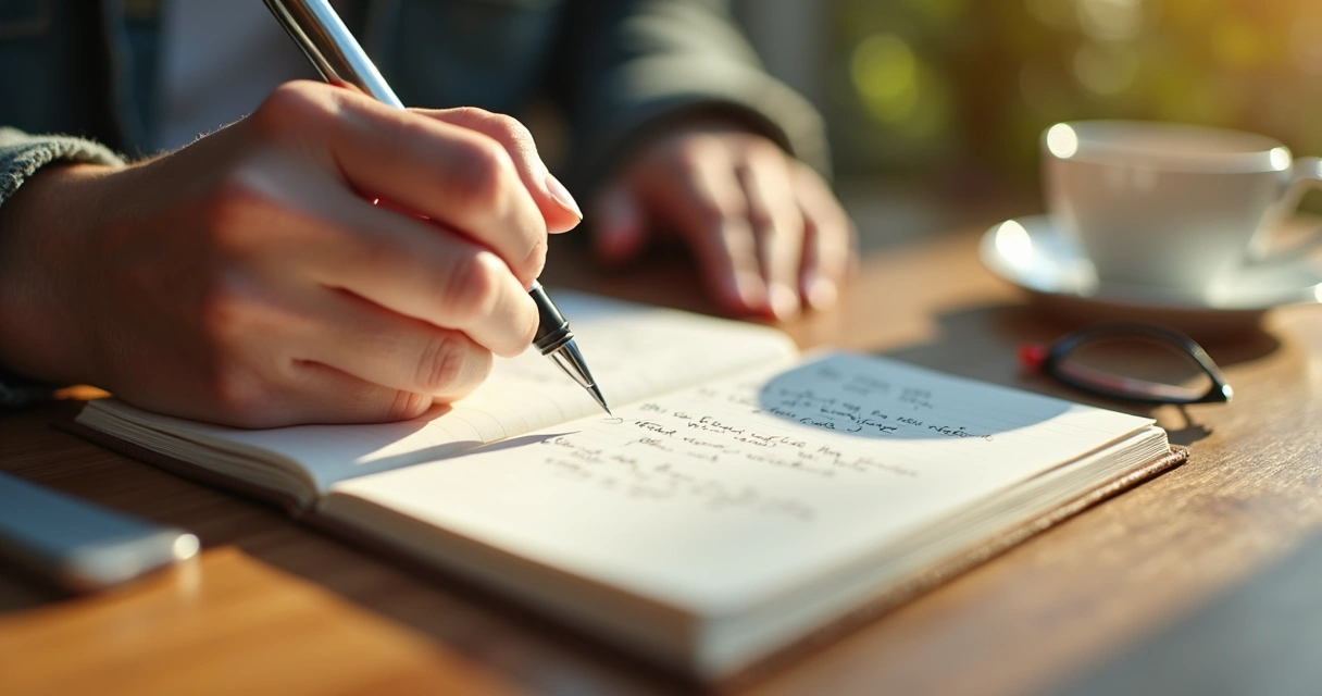 Closeup of hands journaling self-reflection with cup of tea on table