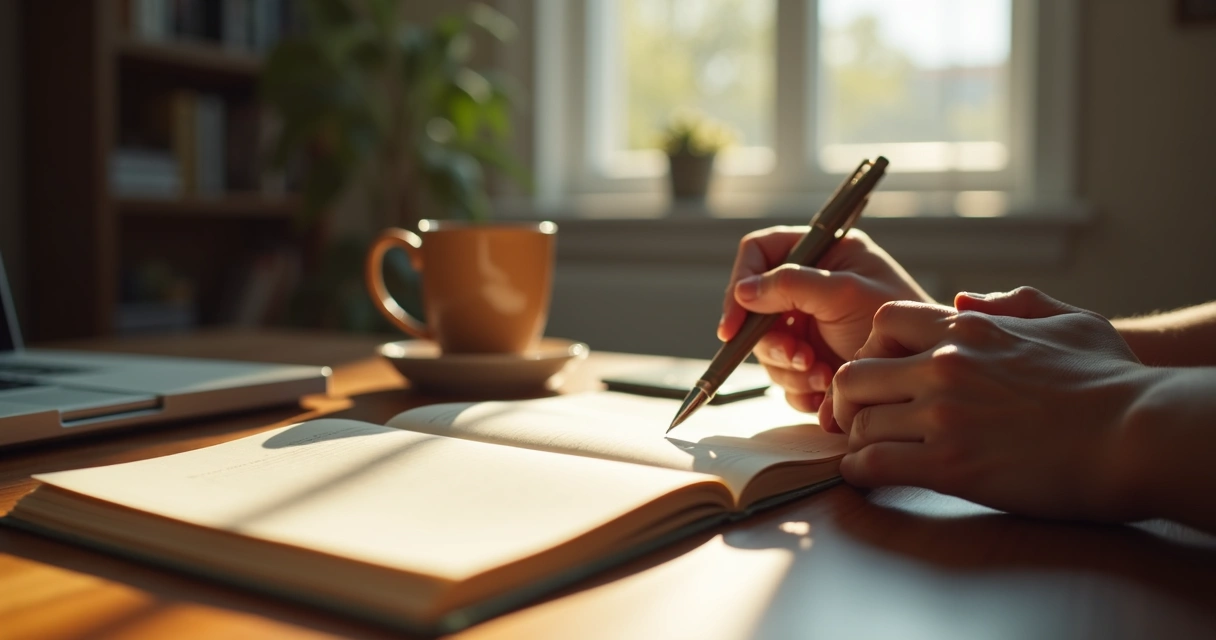 Journal and pen on a desk next to a person’s hands in a thoughtful pose.