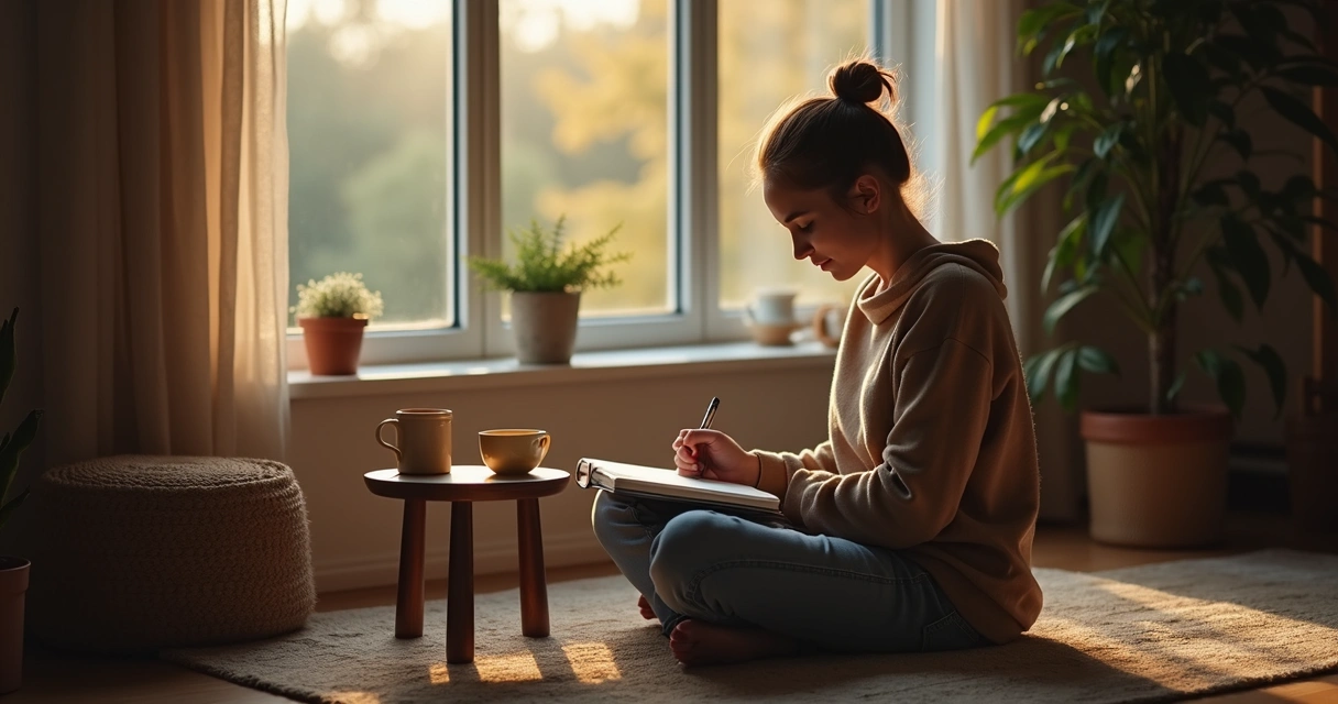 Person journaling during evening self-reflection at home 