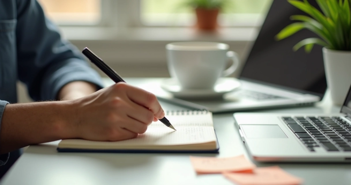 Close up of a hand writing in a journal on an office desk, laptop, soft light from a window 