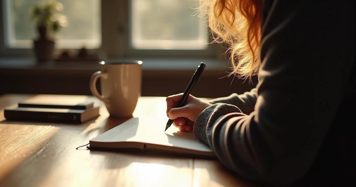 Person journaling at a table with soft morning light on their notebook 