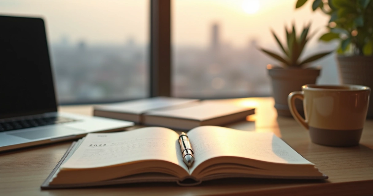 Open journal on a desk for self-reflection writing with city view at sunrise 