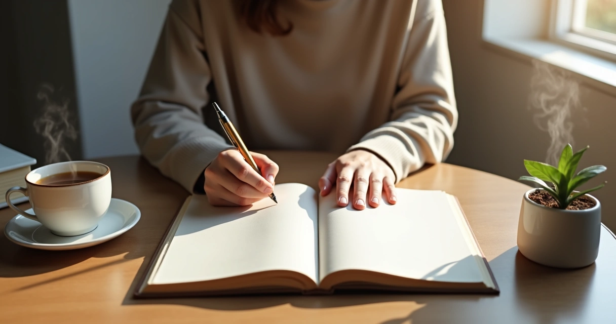 Person journaling on a table by a window in quiet self-reflection 