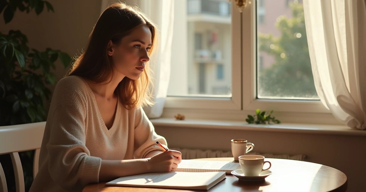 Woman writing in journal reflecting on her language use