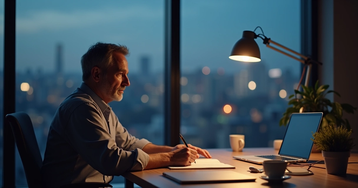 Leader in office alone reflecting with a journal and pen