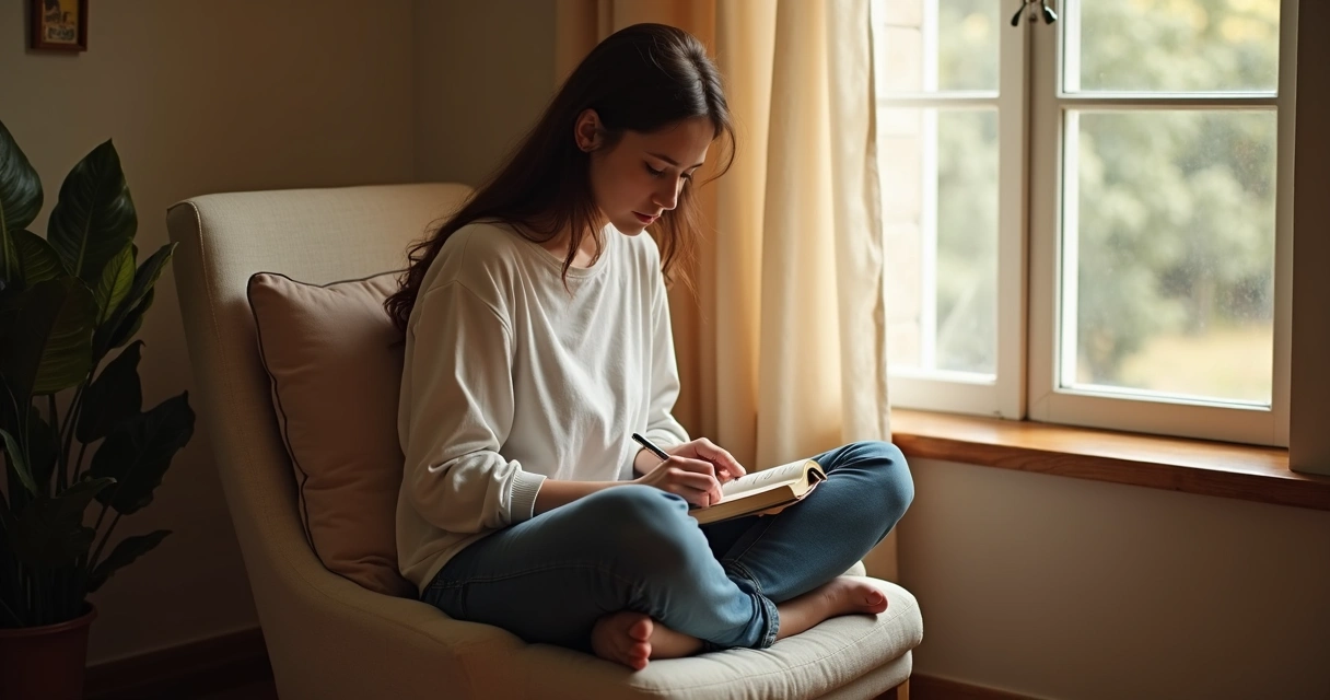 Person sitting alone in a cozy room with a journal, quietly reflecting 